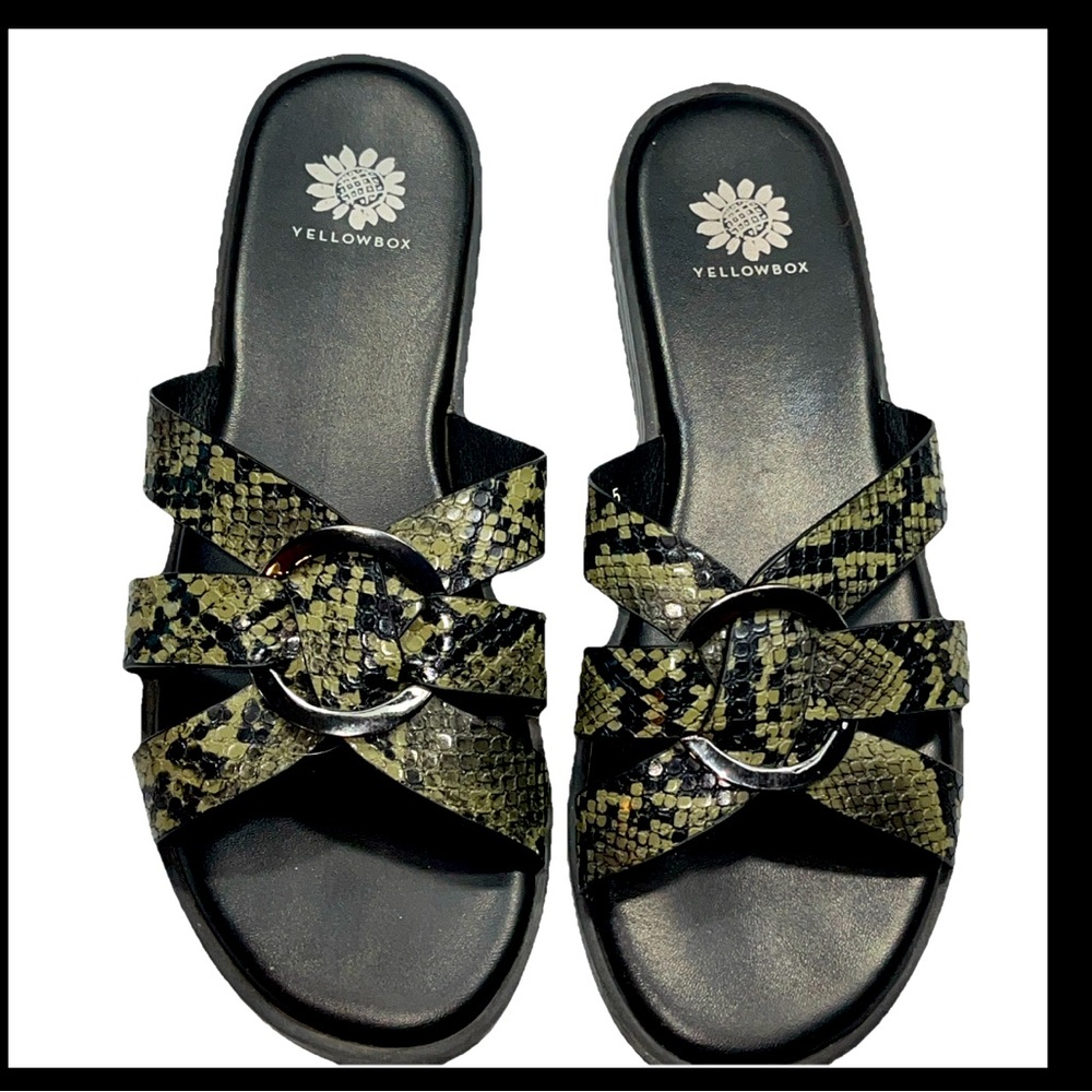 Yellow Box Beatriz Slide Sandals Womens US 8.5 Faux Snake Skin Olive Green Black